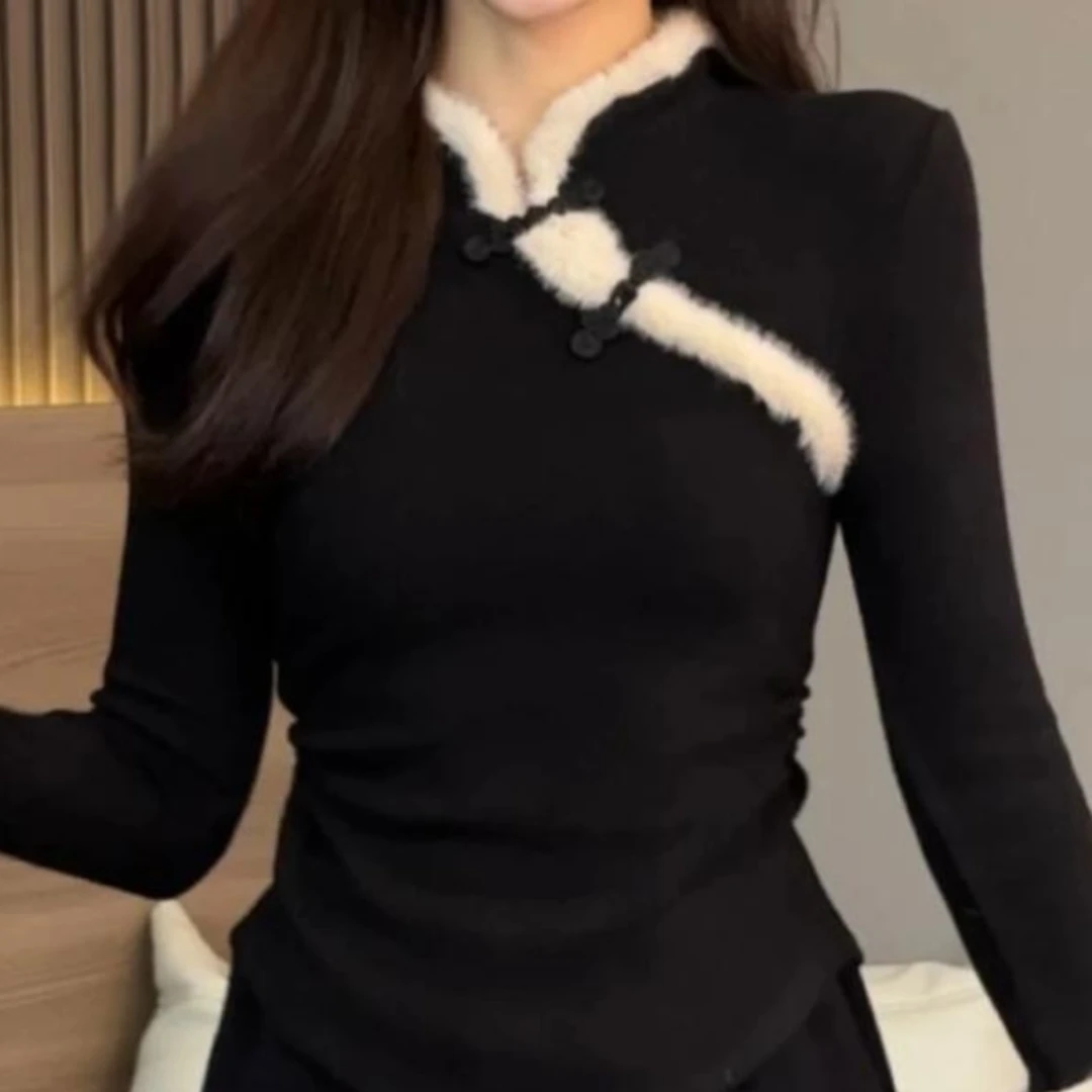 性感纯欲新中式长袖打底衫秋冬新款修身显瘦百搭上衣