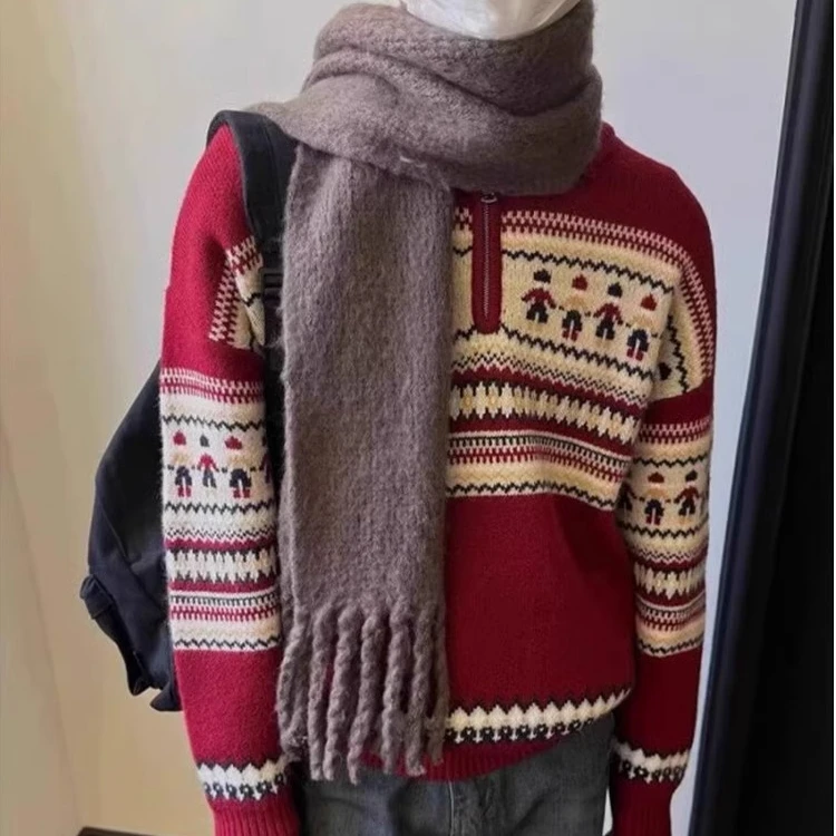 红色半拉链毛衣男冬季保暖美式复古圣诞穿搭费尔岛翻领针织衫上衣