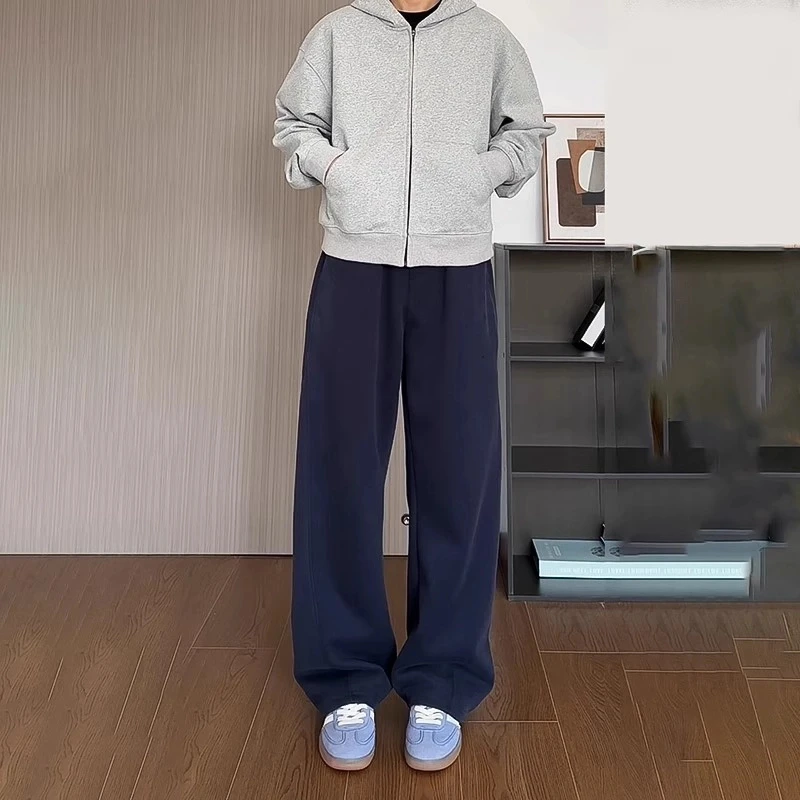 藏青色弯刀针织卫裤男女秋冬简约垂感阔腿裤子美式运动直筒裤男生