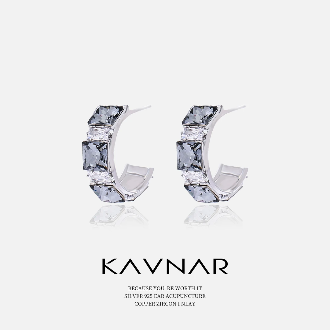 铜合金仿水晶耳饰 s925轻奢闪钻C形神秘灰水晶气质小众设计感耳饰