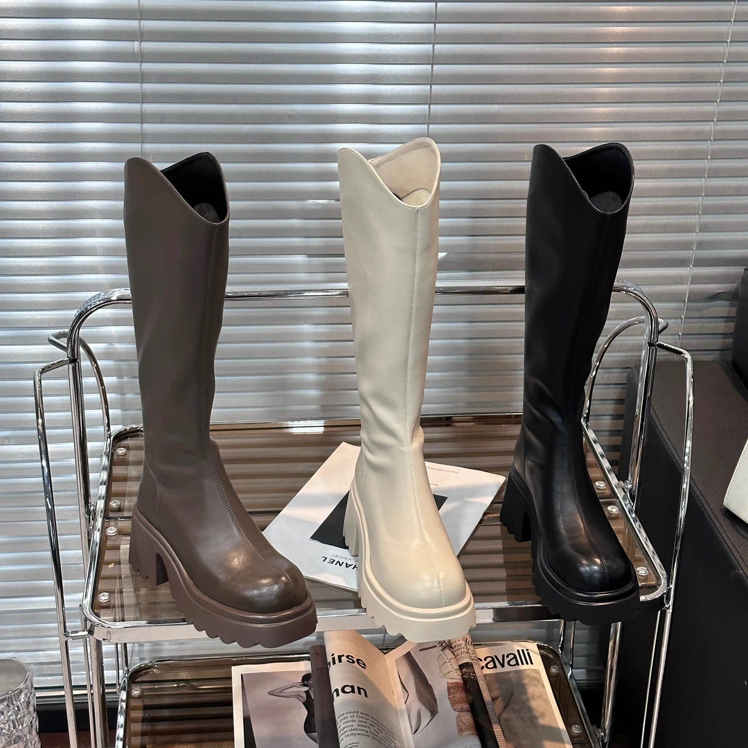 不过膝长筒靴女2023新款厚底增高骑士靴秋季韩版百搭粗跟弹力女靴