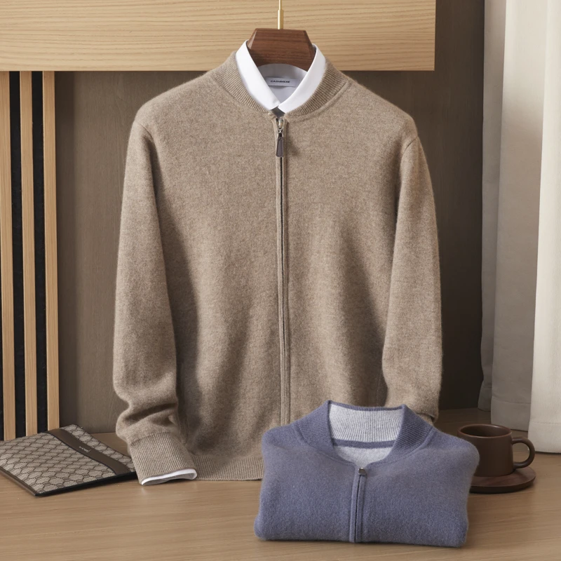 高奢男士空气层加厚棒球领山羊绒外套秋冬带兜商务针织开衫约580g