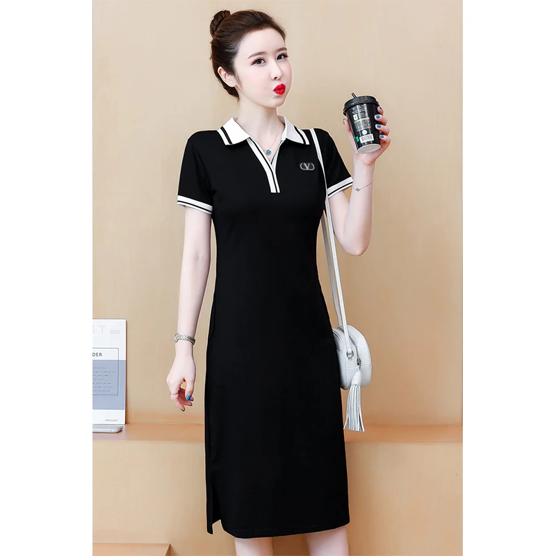 大码过膝polo连衣裙女2024年夏季遮肚翻领气质休闲运动长款T恤裙