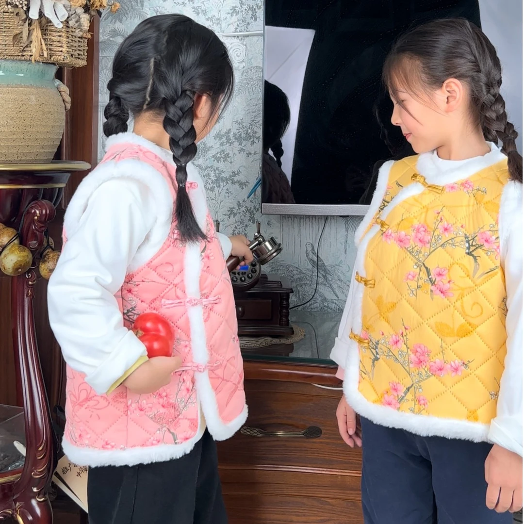新款儿童东北碎花马甲冬款女童国风拜年服宝宝加绒加厚棉背心