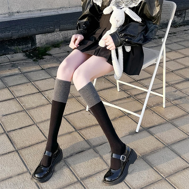 长筒袜子女诸暨堆堆袜中筒袜春秋款女士白色拼色薄款jk网红黑色