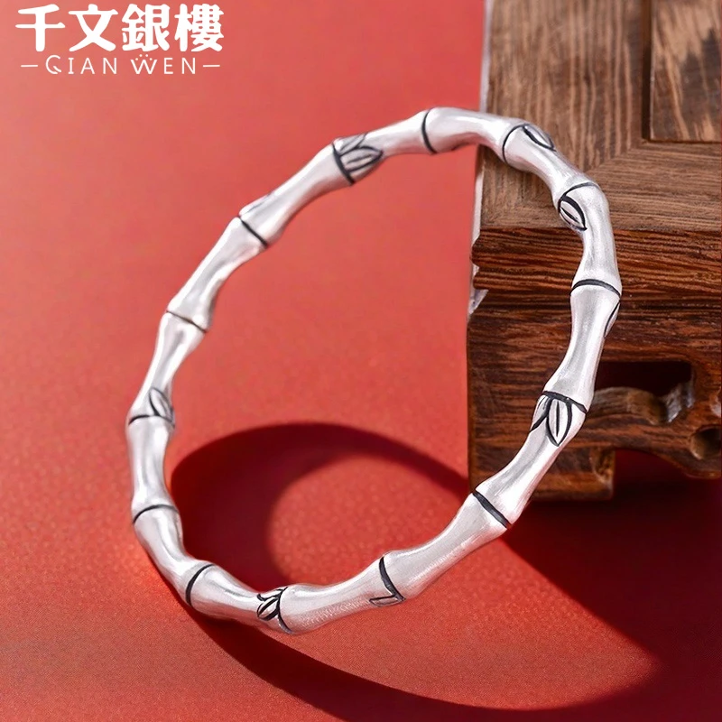 足银手镯 纯手工竹节手镯民族风精美实心简约开口银镯子