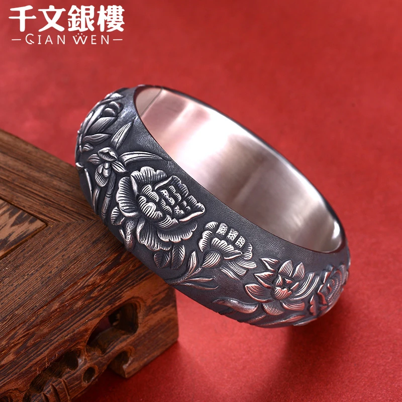 足银手镯 高定系列十二花神纯手工古风重工雕刻实心泥鳅背银手镯
