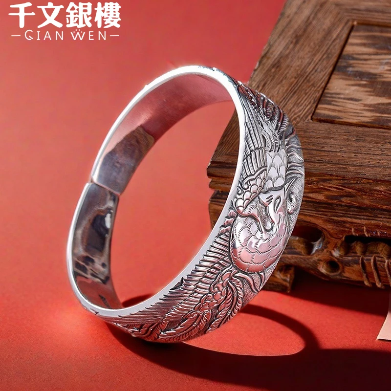 足银手镯 青鸾纯手工凤凰简约民族风精美雕刻宽面实心开口银镯子