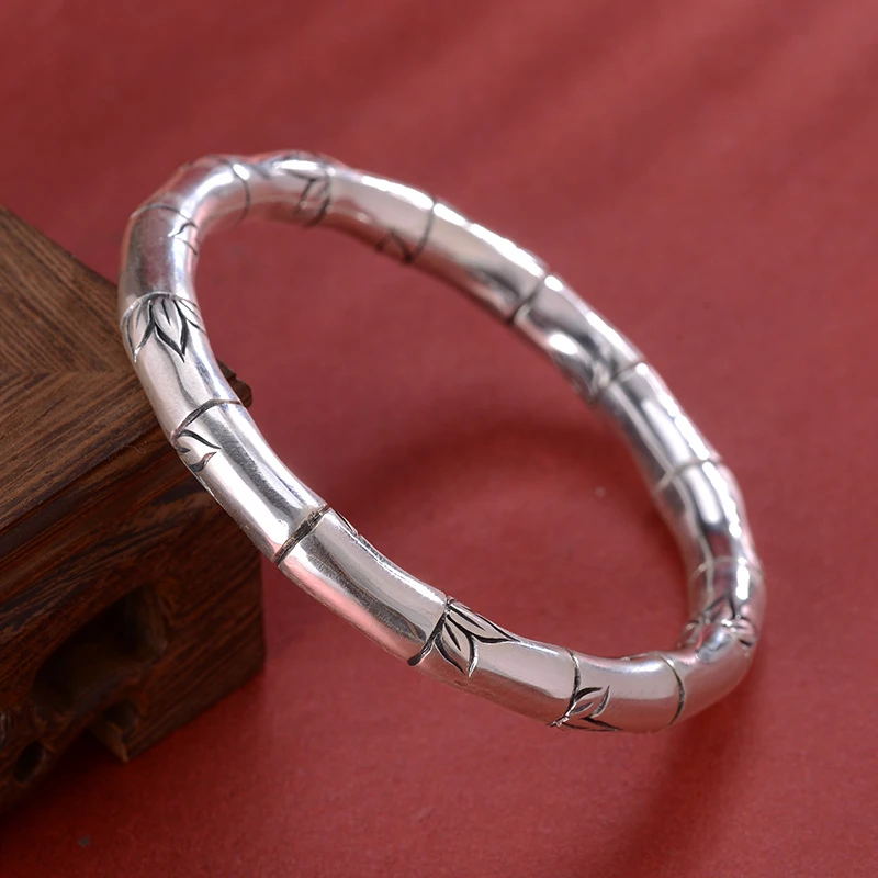 足银手镯 节节高升纯手工亮面竹节实心简约百搭开口银镯子