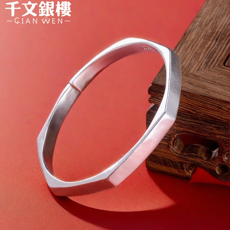 足银手镯 纯手工古法六方手镯民族风精美实心简约百搭开口银镯子