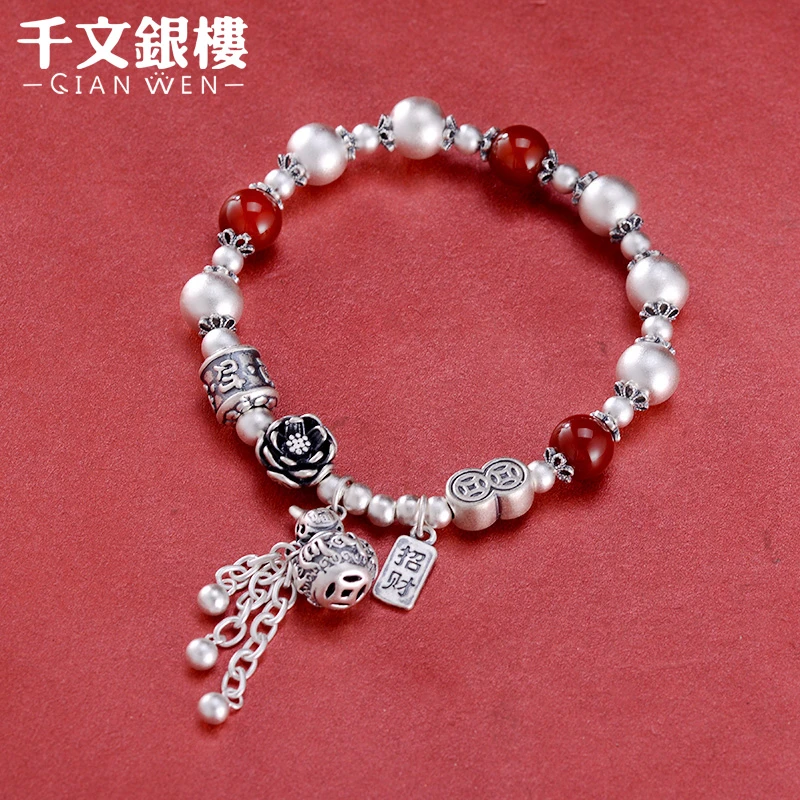 足银合成锆石手链 民族风古法吉祥纳福手串葫芦莲花银手链