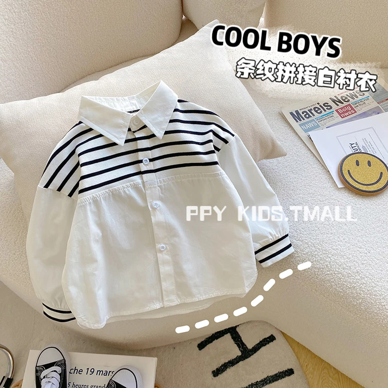 男童白衬衫薄春秋装儿童白色条纹拼接衬衫宝宝宽松翻领开衫上衣潮
