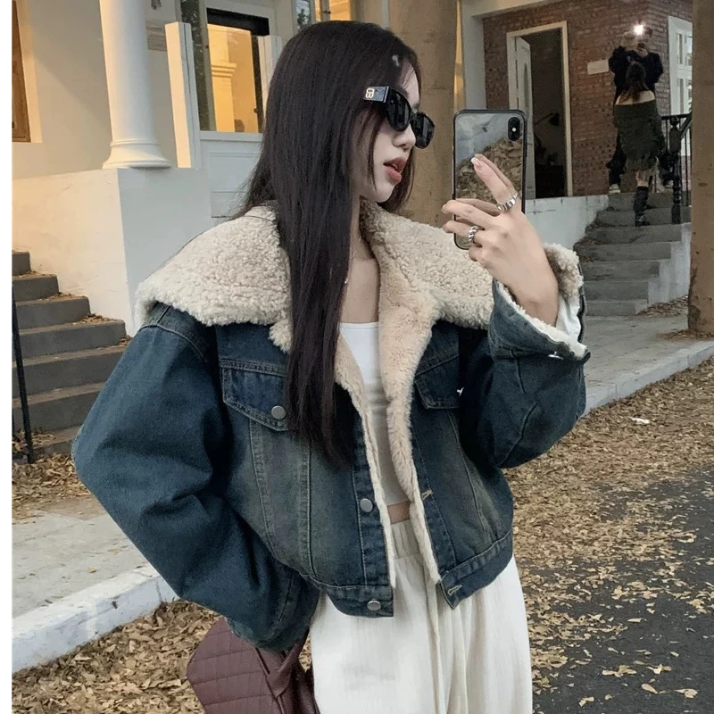 秋冬新款小清新港风气质大翻领牛仔棉衣加绒短款外套上衣女士百搭