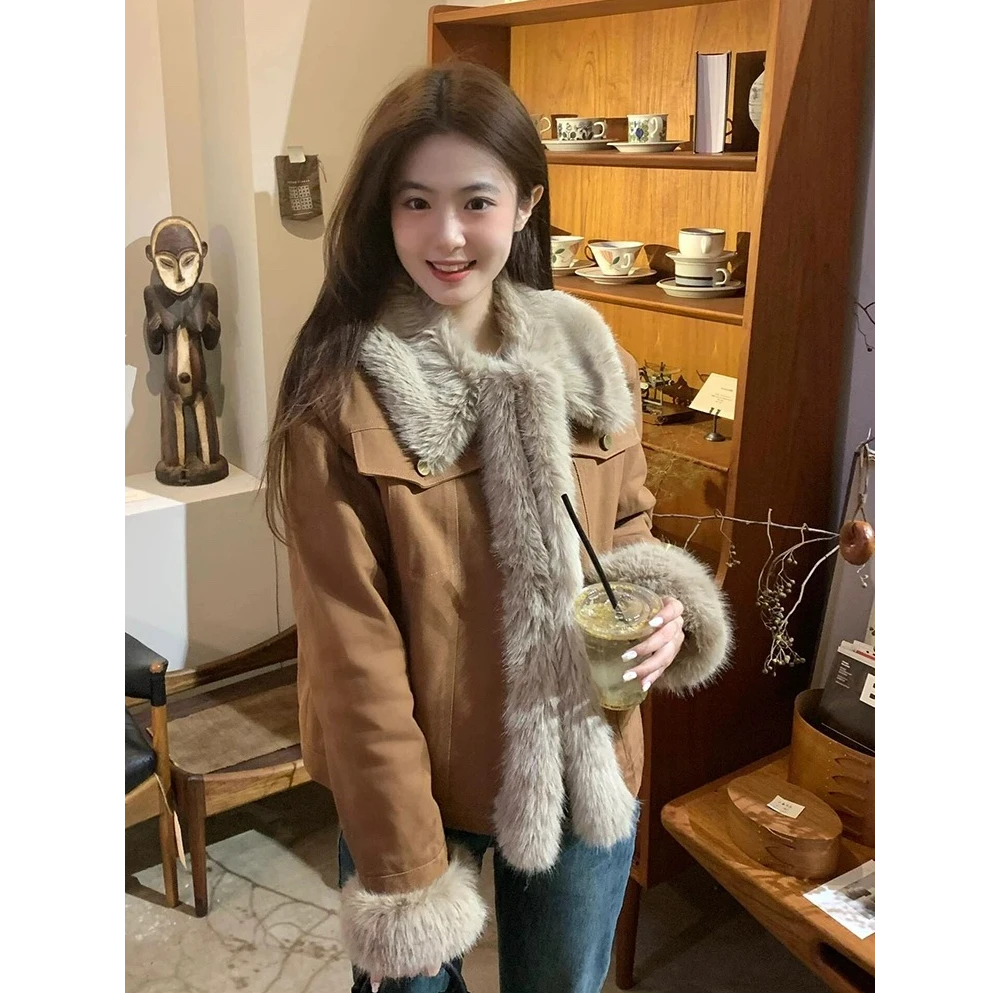 美拉德复古棕色毛毛夹棉保暖外套女冬季新款加厚短款牛仔棉衣棉服