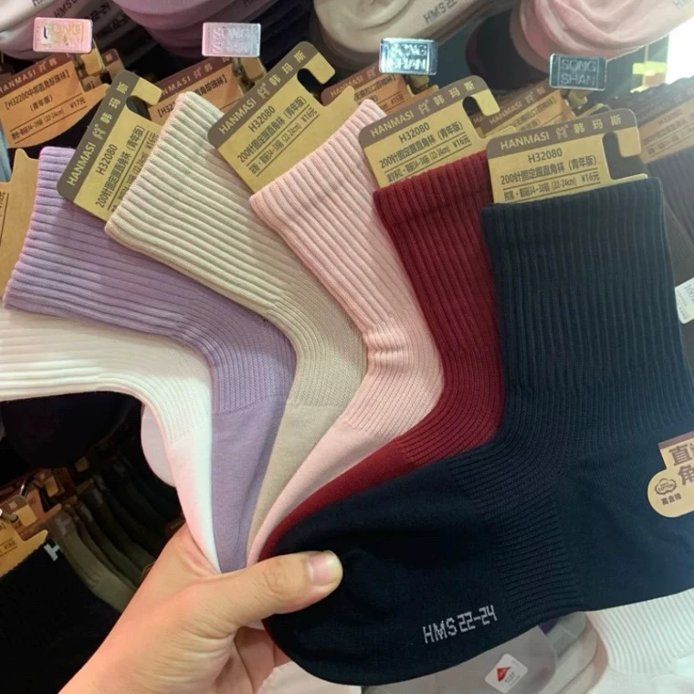 韩玛斯32080中筒棉袜90°直角袜女款排汗透气运动防滑脱袜子秋冬