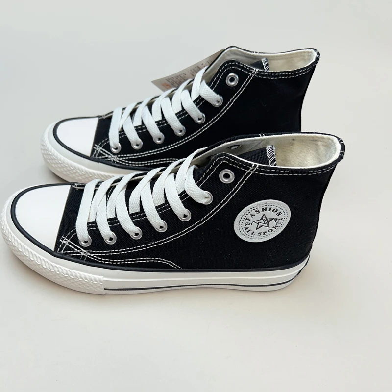 帆布鞋女鞋2024春季新款厚底高帮帆布鞋黑色百搭潮流休闲板鞋蜡