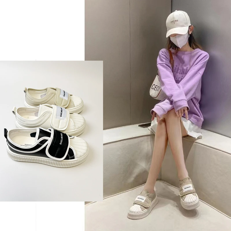 贝壳头饼干2023春季新款软皮韩国松糕厚底休闲魔术贴面包休闲板鞋