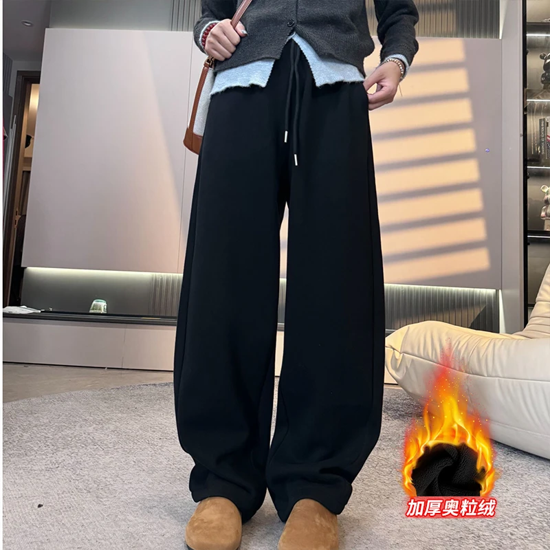 加绒卫裤新款2024秋冬季运动裤女高腰垂感阔腿裤显瘦F