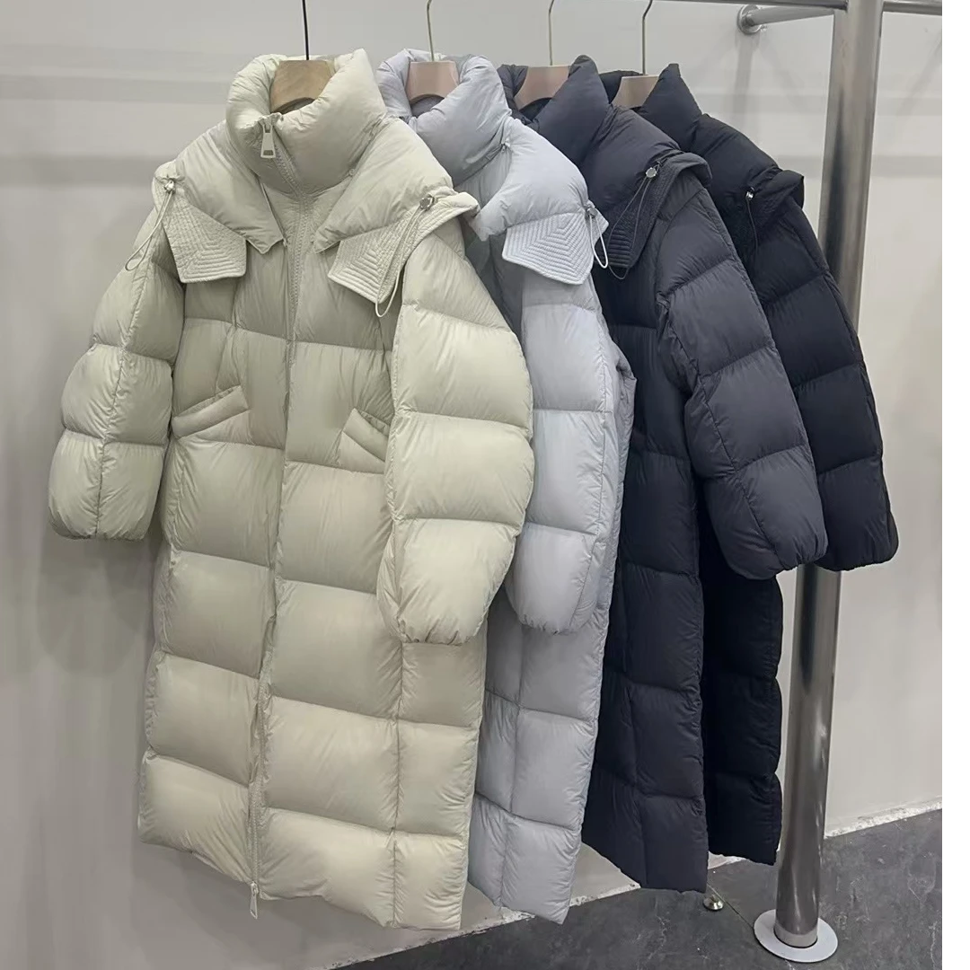 8002鹅绒服女韩版连帽通勤百搭中长款过膝显气质冬季白鹅绒外套潮