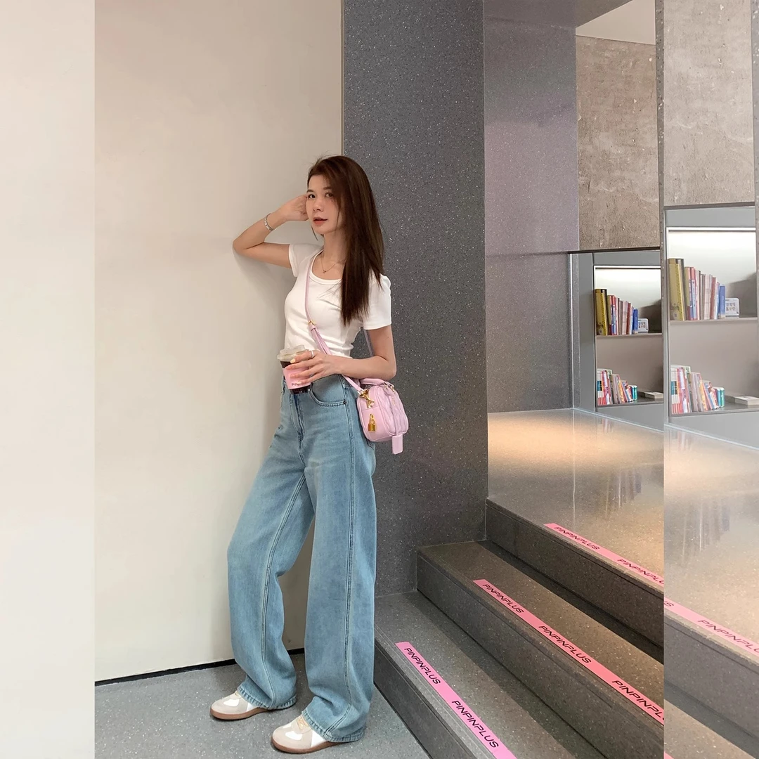 新款爆款加绒显瘦百搭垂感加长直筒拖地裤加厚高腰阔腿牛仔裤女