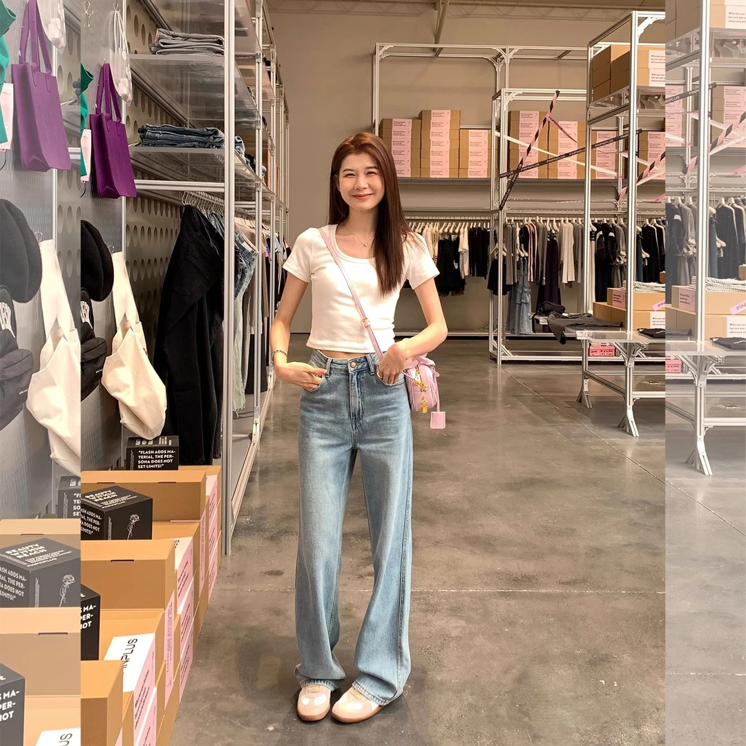 复古直筒加绒牛仔裤女2023冬季新款百搭窄版阔腿小个子高腰直筒裤
