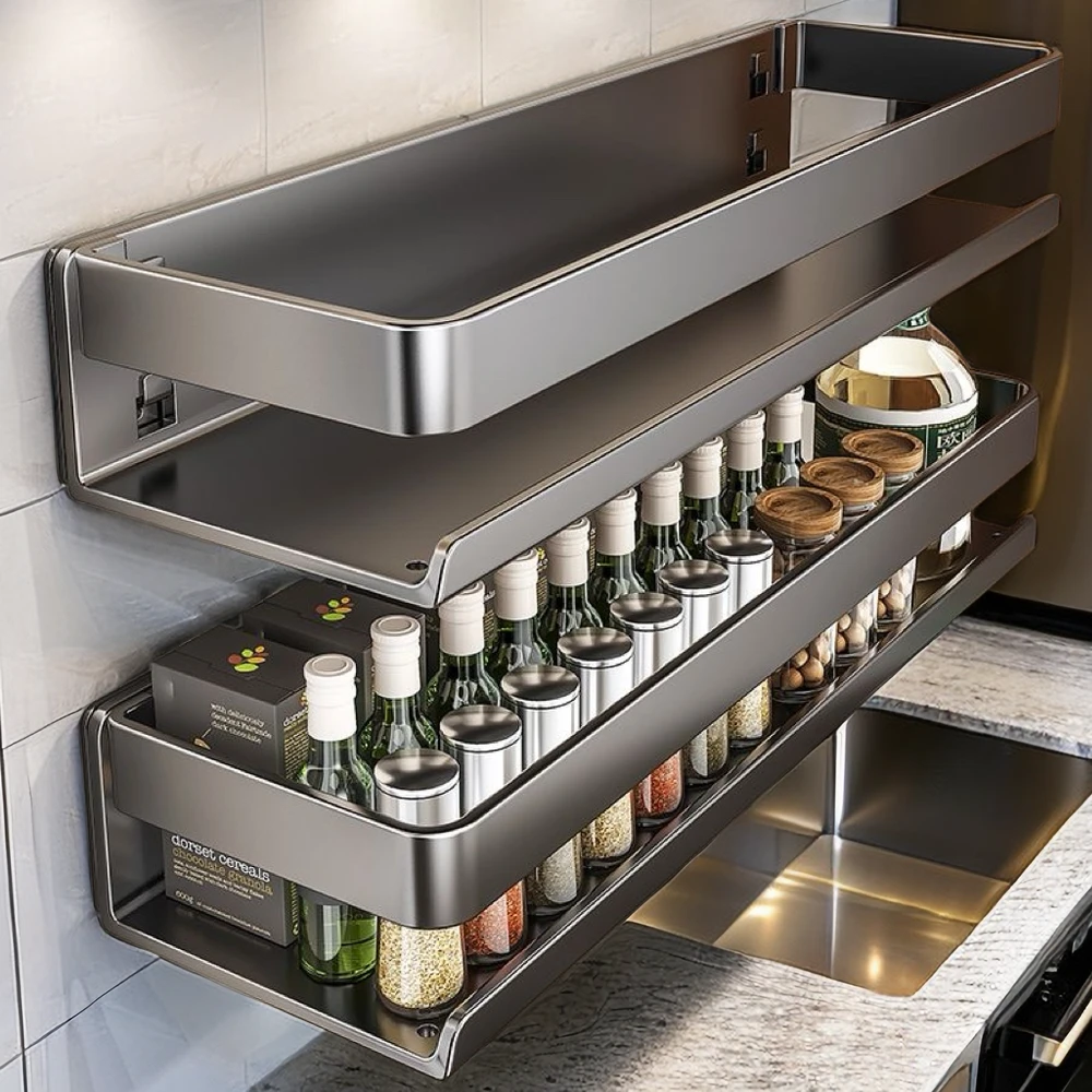 枪灰厨房置物架调料品罐多功能家用收纳架子墙上免打孔壁挂调料架