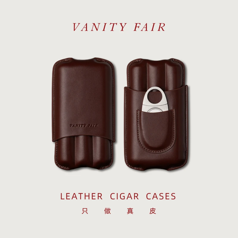 VANITYFAIR竖纹进口头层牛皮雪茄盒便携式优质保湿盒随身三支装