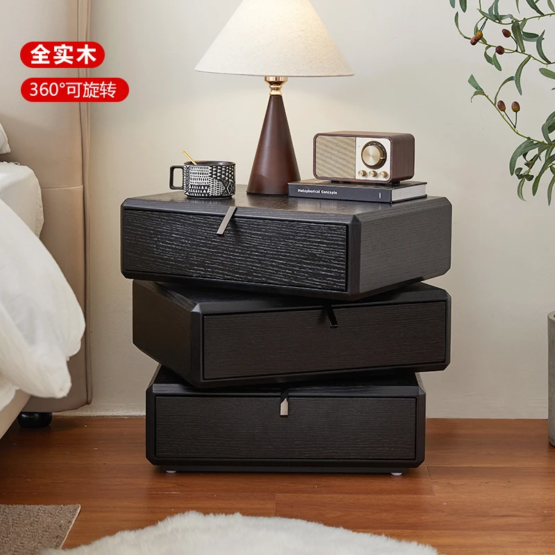 实木旋转床头柜黑色简约高颜值艺术感高端卧室收纳2025新款免安装