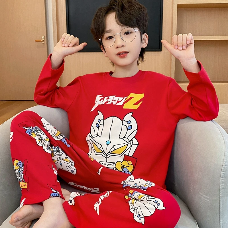 宝宝新年红色家居服12岁男孩本命年睡衣春秋冬纯棉长袖中大童套装