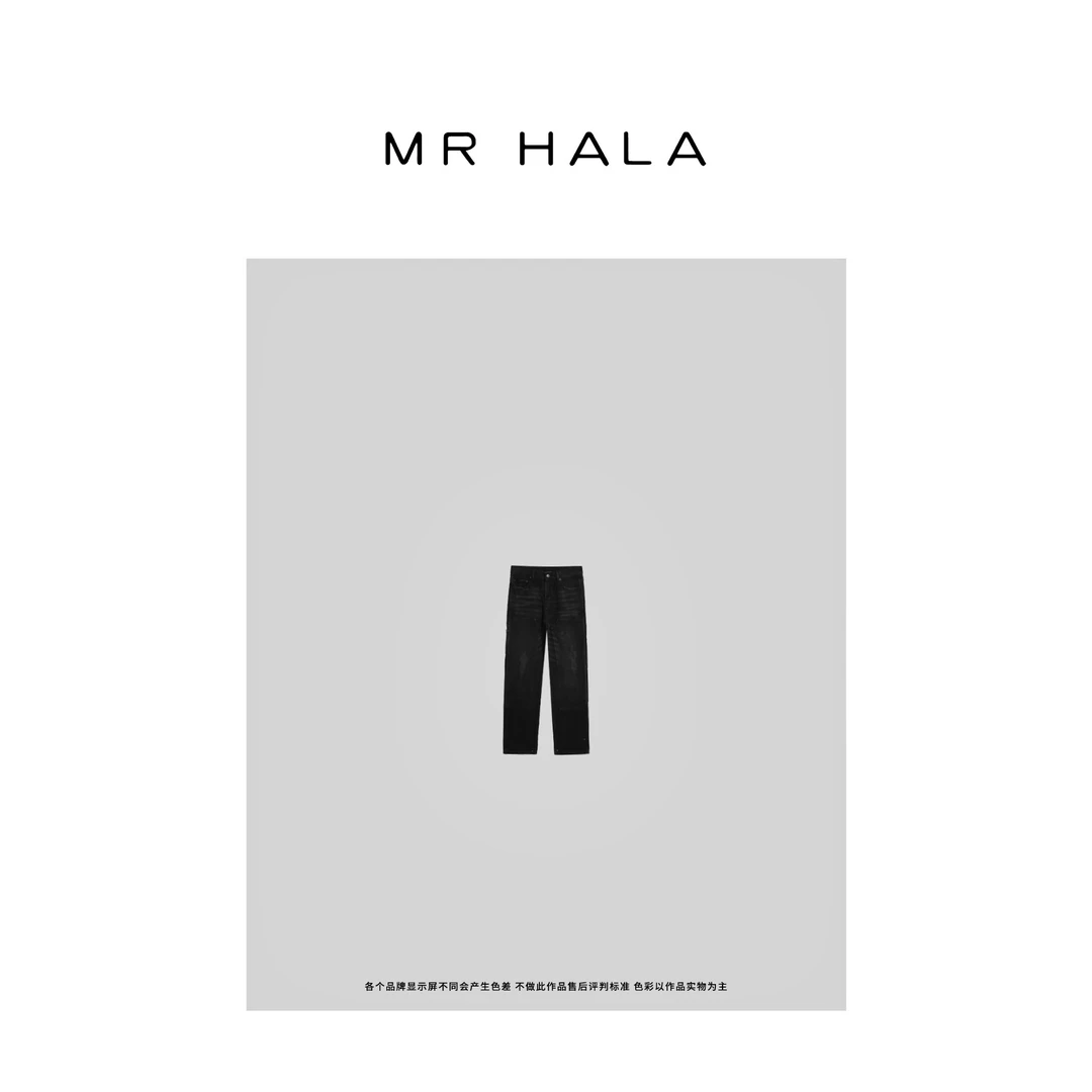 MRHALA/女装推荐 质感铆钉砂洗灰丹宁牛仔长裤女 LK50223