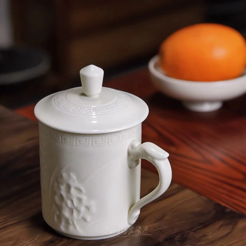 曲阳秋鸿定瓷茶具茶杯定窑高温釉白瓷兰花盖杯办公杯会议杯新中式