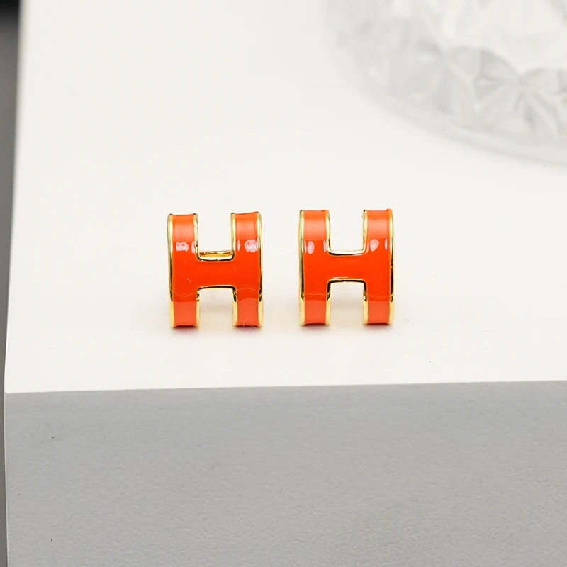 合金锆石耳饰 珐琅滴釉立体H爆款耳钉高级设计感精致小巧耳饰气质