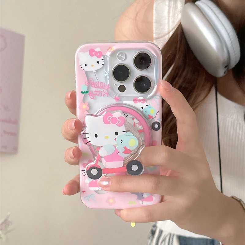 ins磁吸双层单车kitty+支架适用14promax手机壳iPhone15苹果13/12
