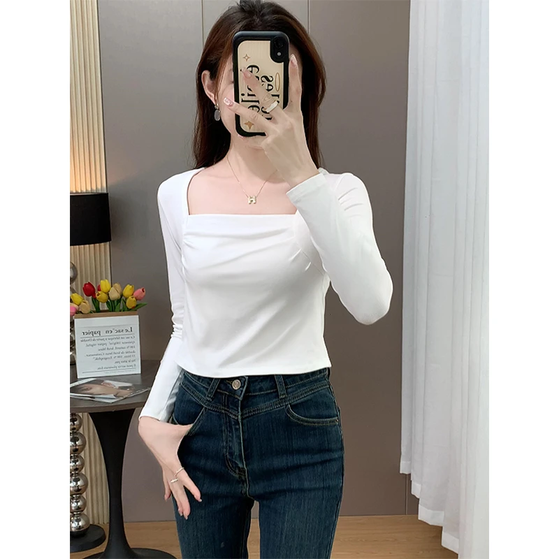 秋冬显瘦长袖女打底衫内搭白色短款小众修身气质百搭方领螺纹上衣