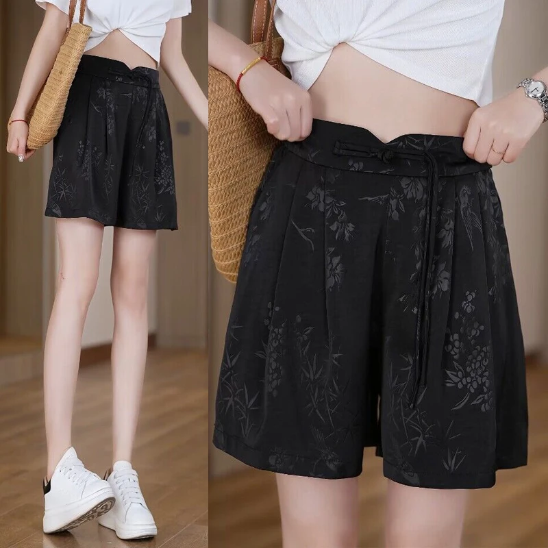 2024新国风提花阔腿短裤显瘦高腰时尚休闲夏季裙裤外穿薄款宽松