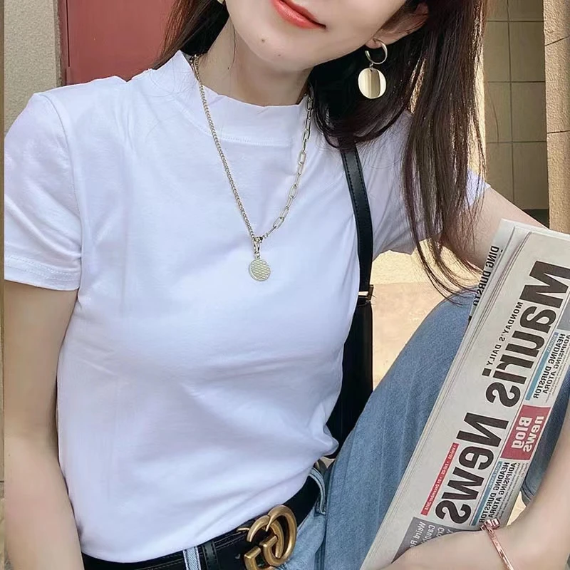 小高领短袖T恤女纯棉打底衫女白色韩版修身上衣百搭纯色时尚体恤