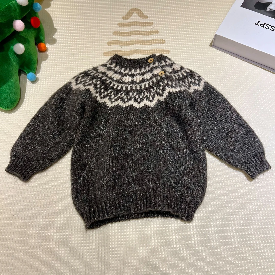 男女宝复古费尔岛风高级深灰针织衫保暖打底毛衣肩圆领开纽扣长袖