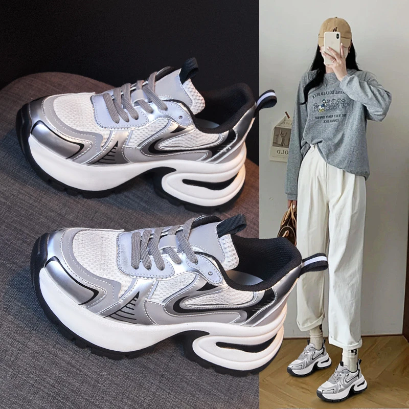 赵露思同款银色老爹鞋女2023新款秋冬小个子内增高厚底运动休闲鞋