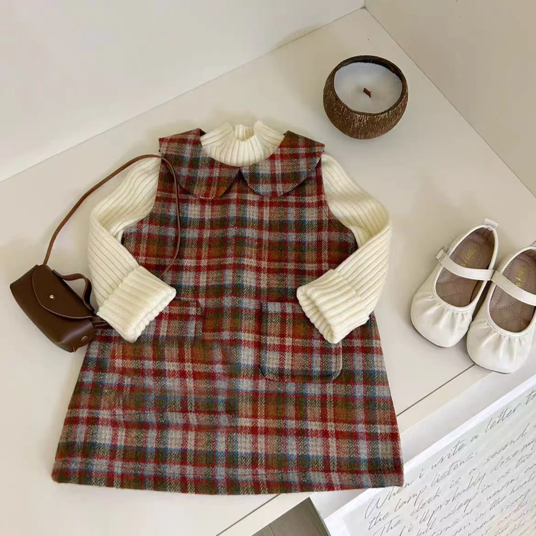 【织里丸子专属】女童连衣裙秋冬款格子毛呢背心裙小香风呢子时髦裙