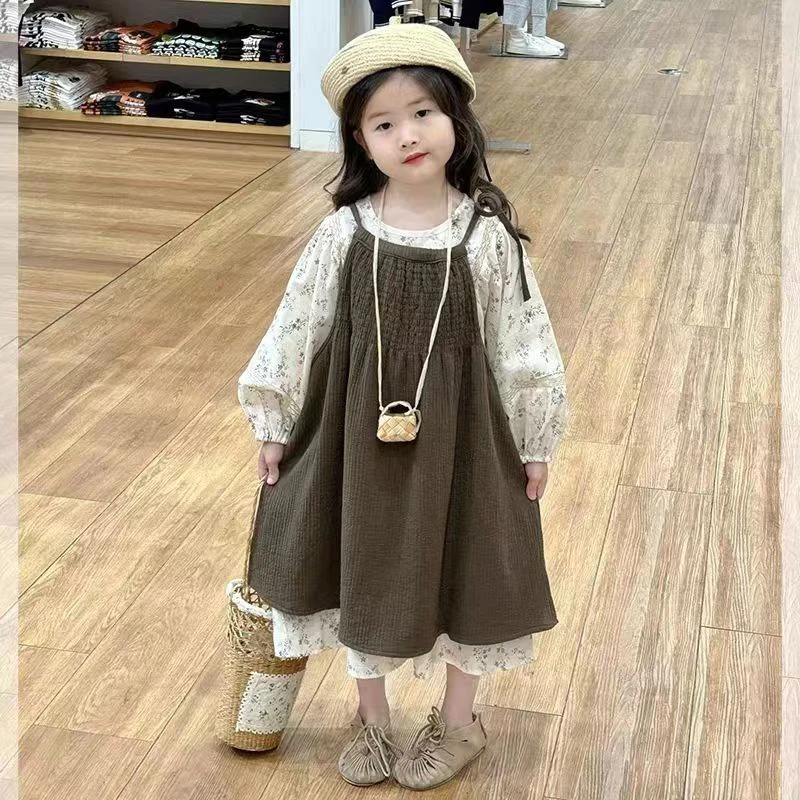 女童秋装碎花长款连衣裙春款2024新款童装中小童宝宝泡泡袖棉布裙