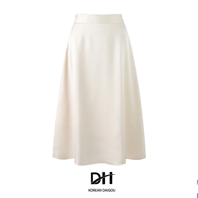 米色醋酸半身裙女中长款2023年夏季新款韩版高腰大摆a字光泽裙潮