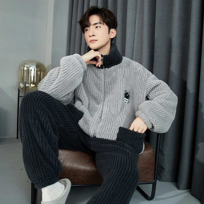 可外穿秋冬新款雪花绒男大码宽松加绒加厚暖绒保暖家居服套装