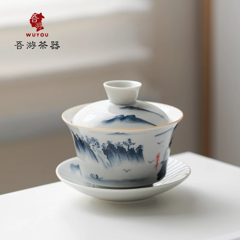 楷恩茶器陈合中手绘青花盖碗大师手绘高端泡茶碗可收藏陶瓷盖碗