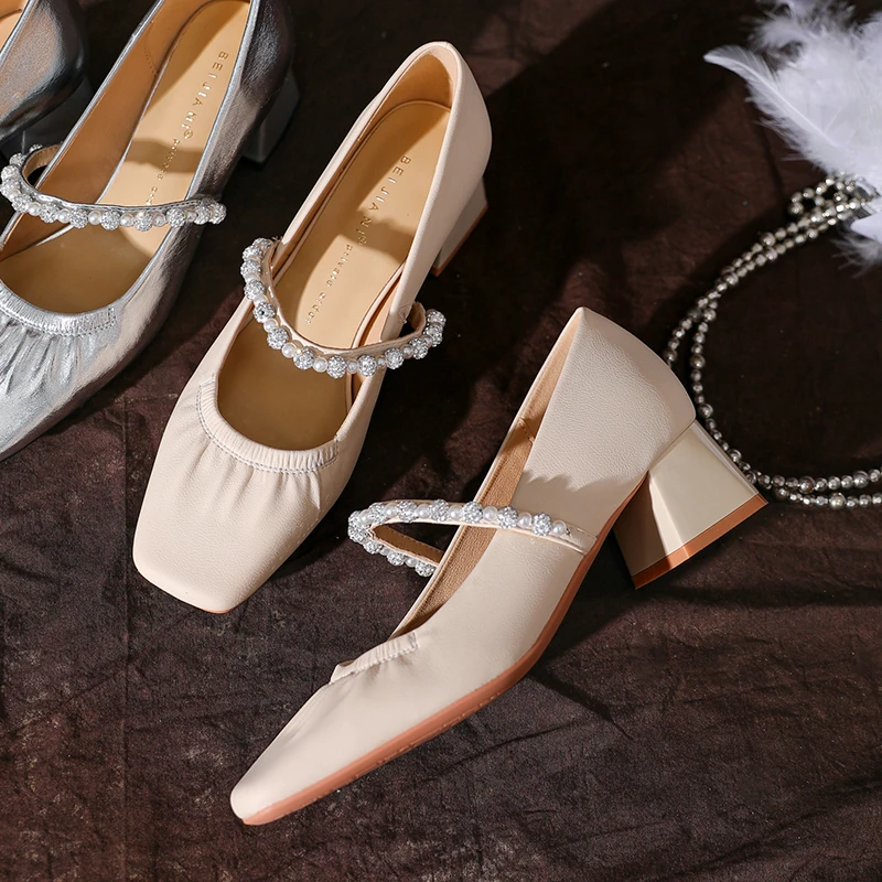 少女感～！不累脚气质单鞋法式复古一字扣带方头浅口银色玛丽珍鞋女