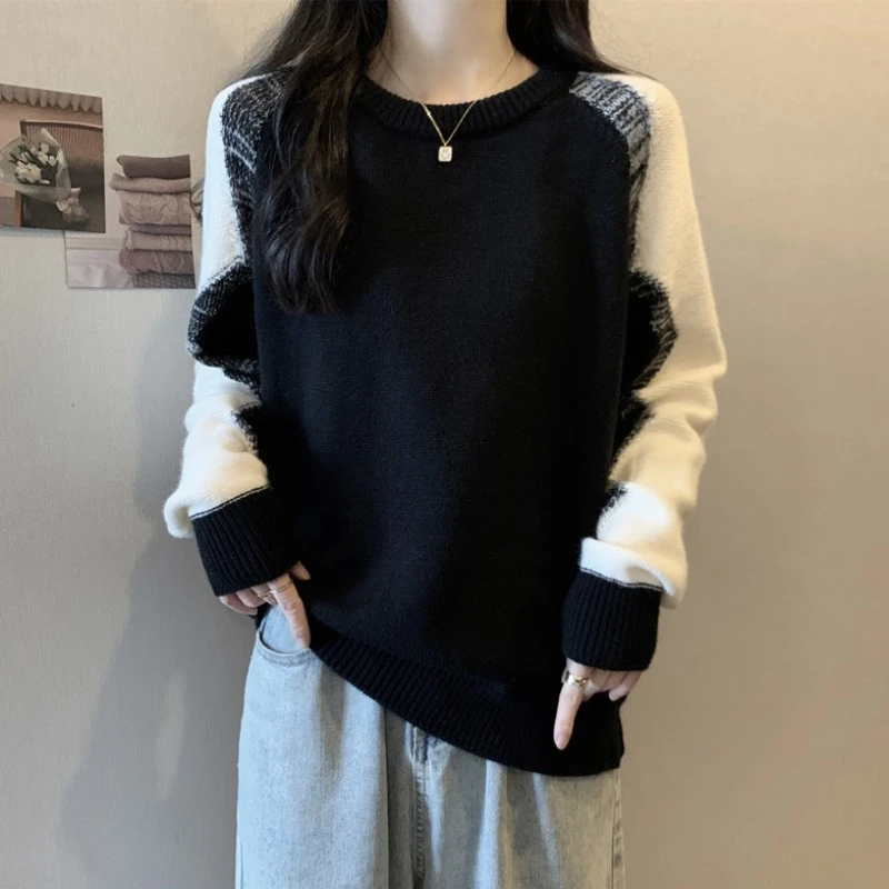 大码慵懒风宽松撞色毛衣女秋冬新款微胖MM宽松显瘦百搭洋气针织衫