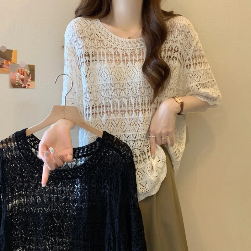 大码遮肚子镂空短袖针织衫女夏新款胖MM宽松显瘦百搭小众洋气上衣