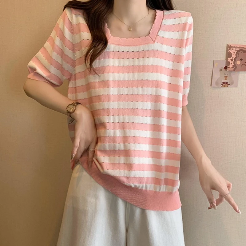 大码方领冰丝短袖针织衫女夏季薄款胖MM宽松显瘦百搭洋气T恤上衣