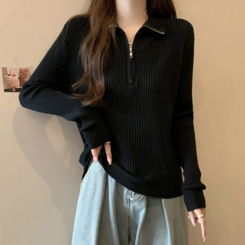 大码半拉链长袖针织打底衫女秋冬新款胖妹妹遮肚子显瘦百搭毛上衣