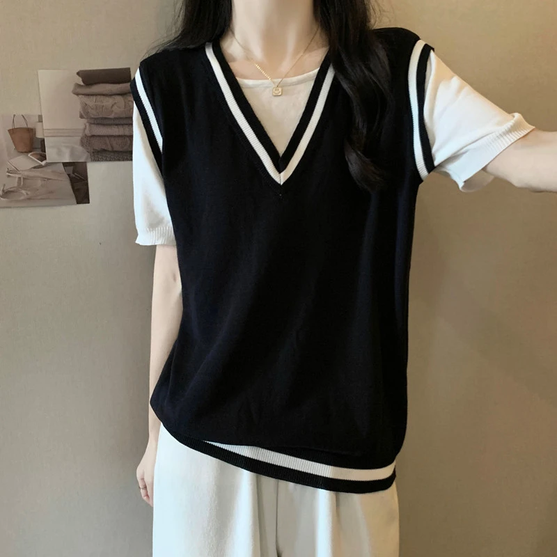 大码假两件冰丝短袖针织衫女夏季薄款微胖MM宽松显瘦百搭T恤上衣