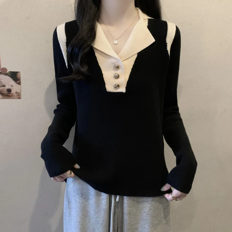 大码翻领撞色长袖针织衫女春秋薄款微胖MM宽松显瘦百搭洋气毛上衣